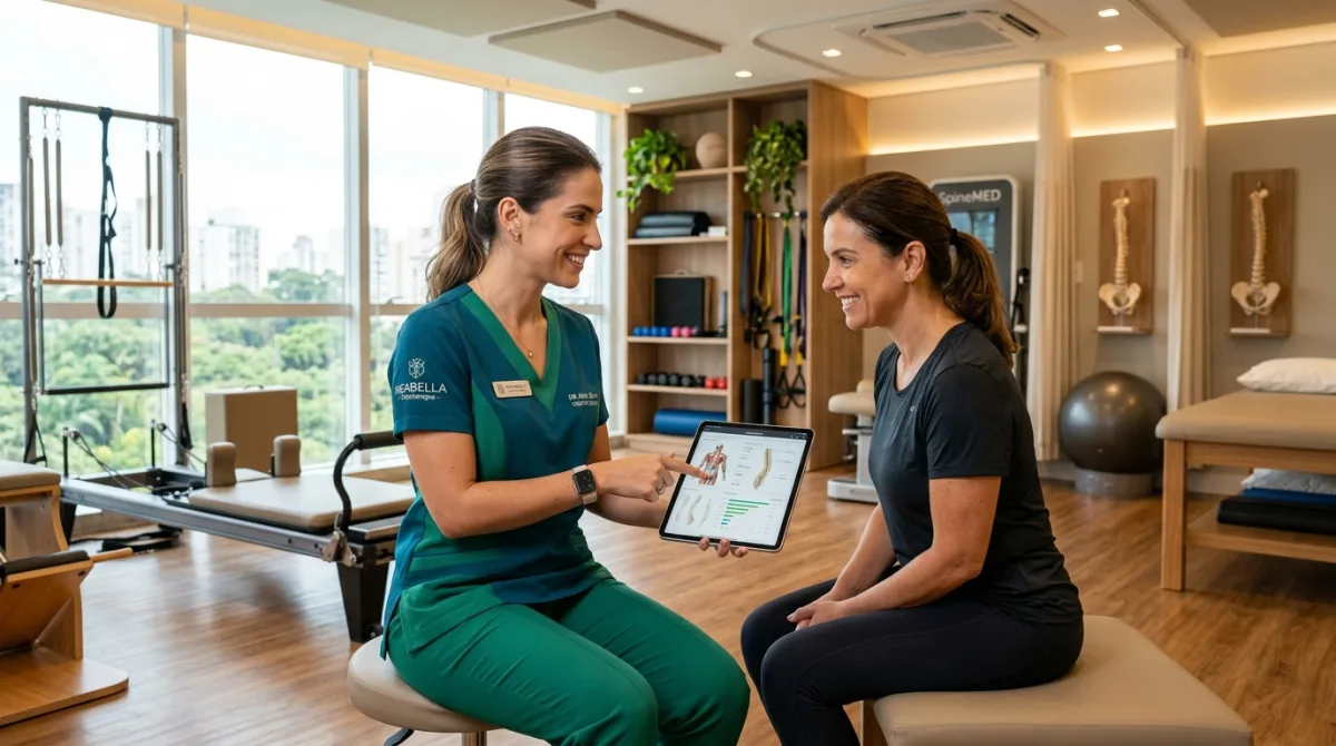 Fisioterapeuta atendendo paciente em clínica moderna com FisiOne
