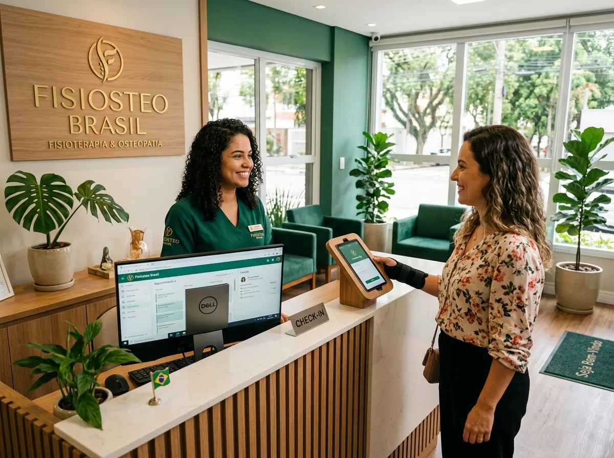 Recepção de clínica com atendimento integrado e check-in